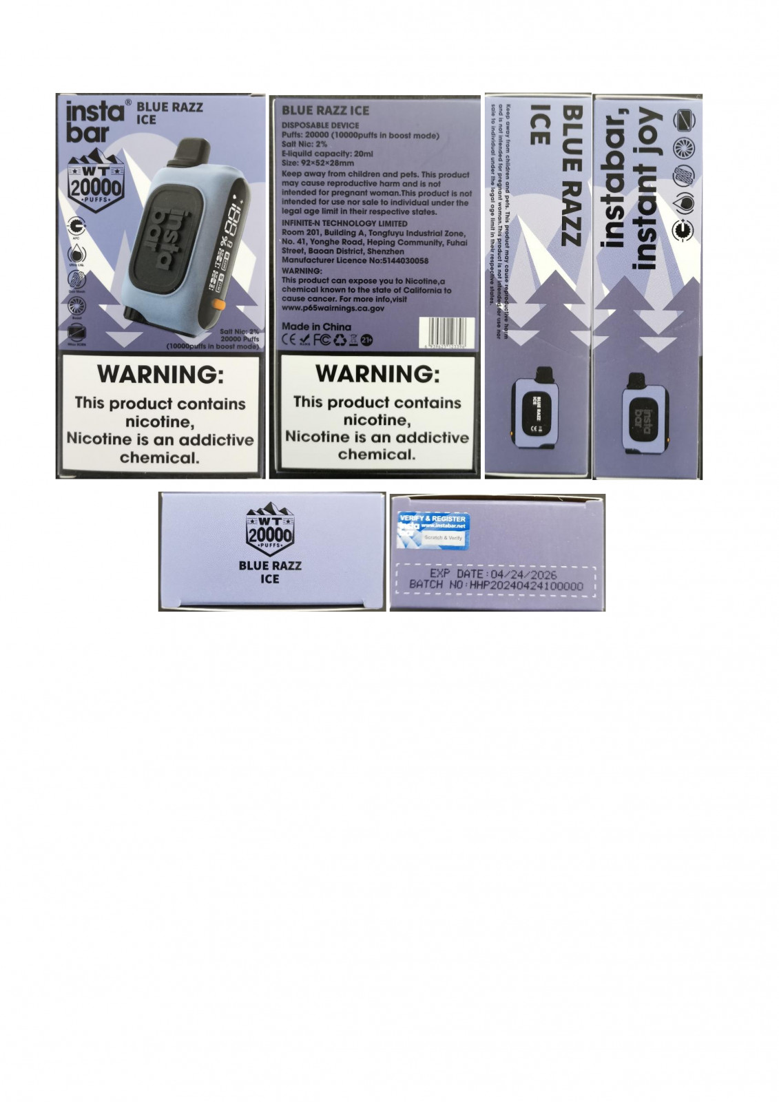 Jednorázová elektronická cigareta insta® bar, WT 20000 PUFFS, Salt Nic: 2%, 20 ml – BLUE RAZZ ICE: Fotografie