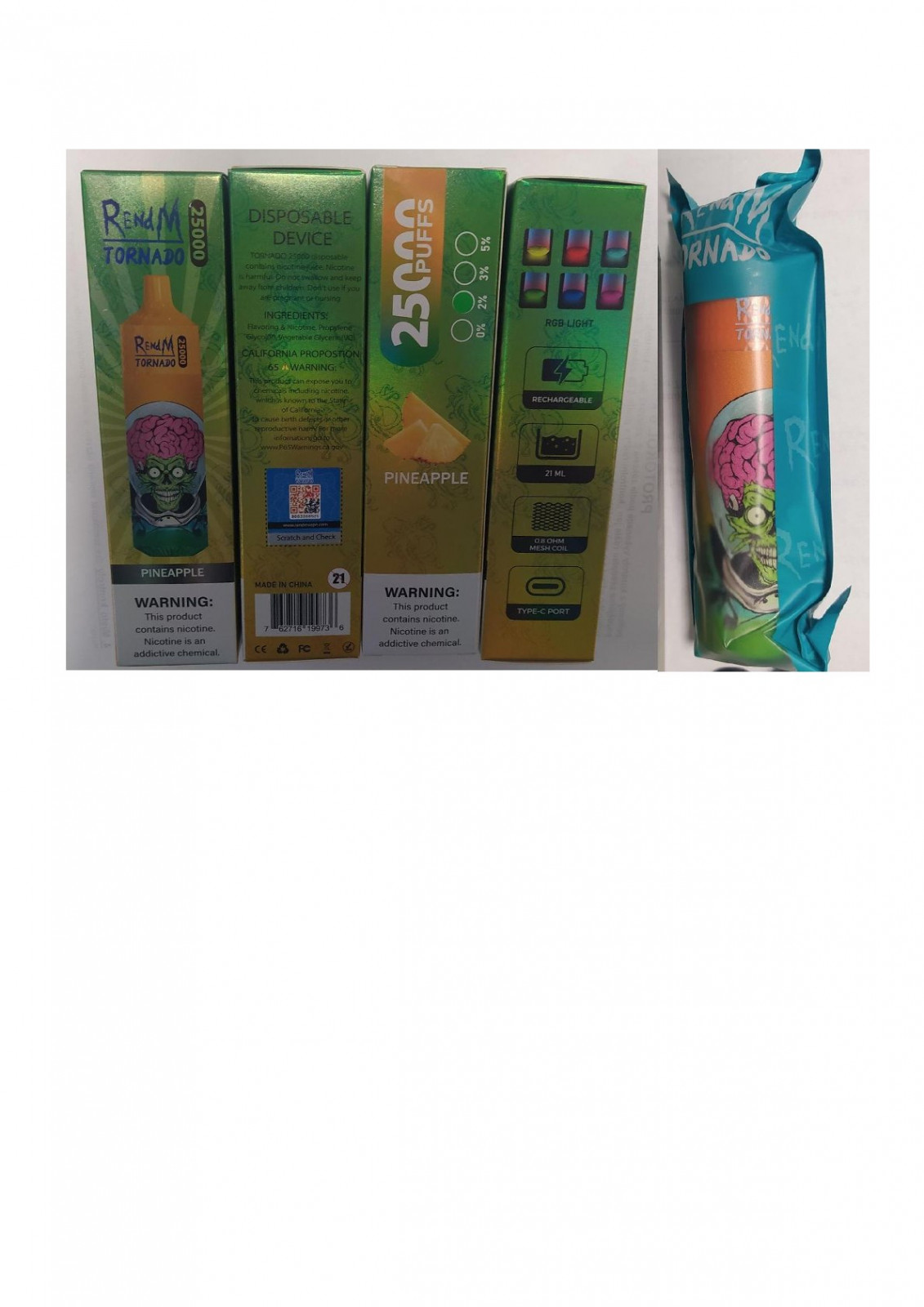 Jednorázová elektronická cigareta zn. RENdM TORNADO 25000, NICOTINE 2%, 21 ml, PINEAPPLE: Fotografie