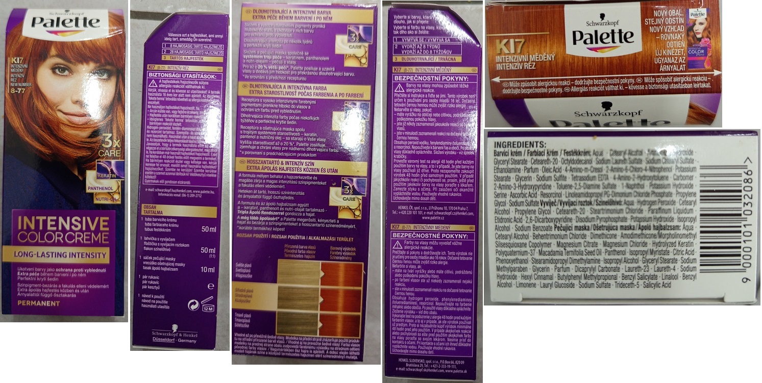 Schwarzkopf, Palette, INTENSIVE COLOR CREME, LONG-LASTING INTENSITY, KI7 INTENZIVNÍ MĚDĚNÝ 8-77, 3x CARE: Fotografie