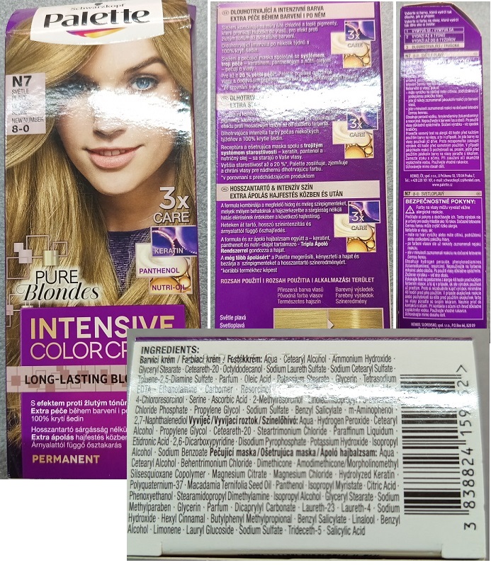 Barva na vlasy Schwarzkopf, Palette, INTENSIVE COLOR CREME, LONG-LASTING BLONDES, PURE Blondes, N7 SVĚTLE PLAVÝ, 8-0: Fotografie