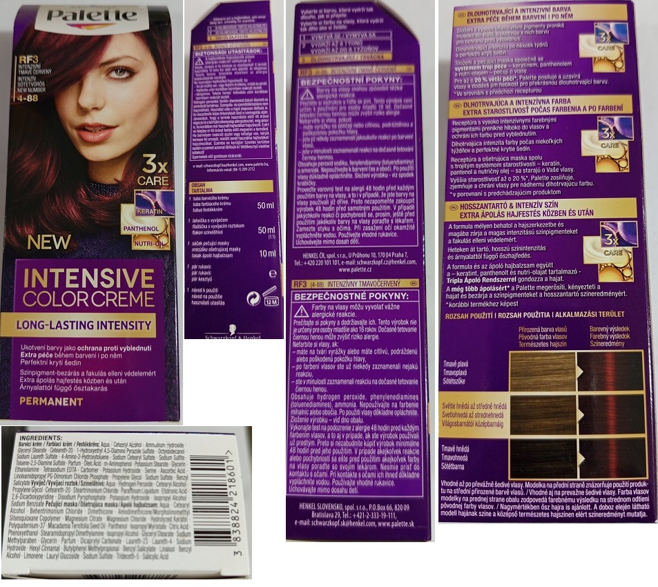 Barva na vlasy Schwarzkopf, Palette, INTENSIVE COLOR CREME, LONG-LASTING INTENSITY, RF3 INTENZIVNÍ TMAVĚ ČERVENÝ 4-88, 3x CARE: Fotografie
