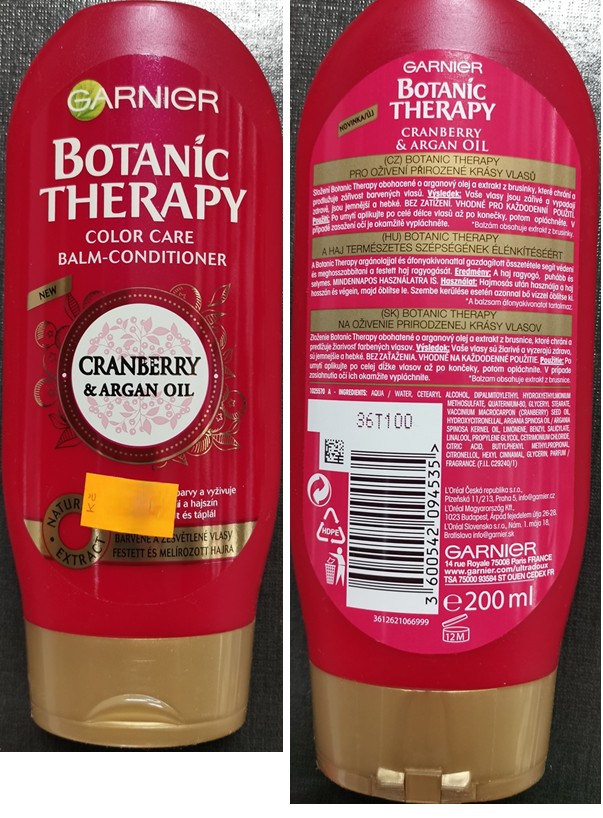 Kondicionér na vlasy GARNIER, BOTANIC THERAPY, COLOR CARE BALM – CONDITIONER, CRANBERRY & ARGAN OIL: Fotografie