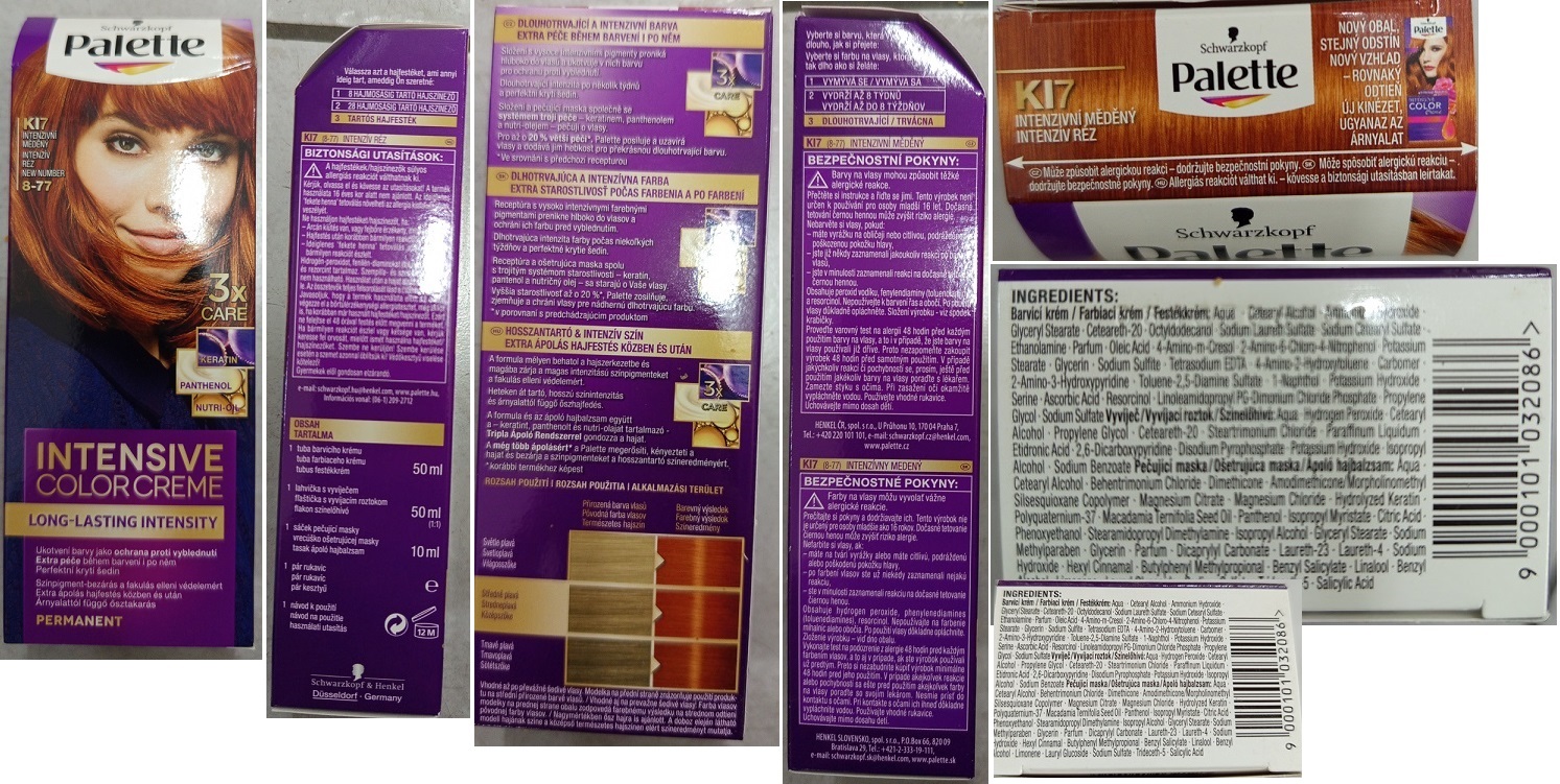 Barva na vlasy Schwarzkopf, Palette, INTENSIVE COLOR CREME, LONG-LASTING INTENSITY, KI7 INTENZIVNÍ MĚDĚNÝ 8-77, 3x CARE: Fotografie