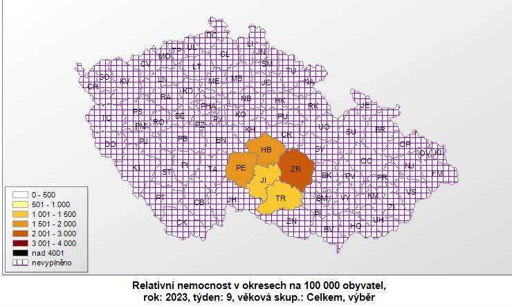 Mapa relativní nemocnost ARI na 100 tis. obyvatel okresy Kraje Vysočina