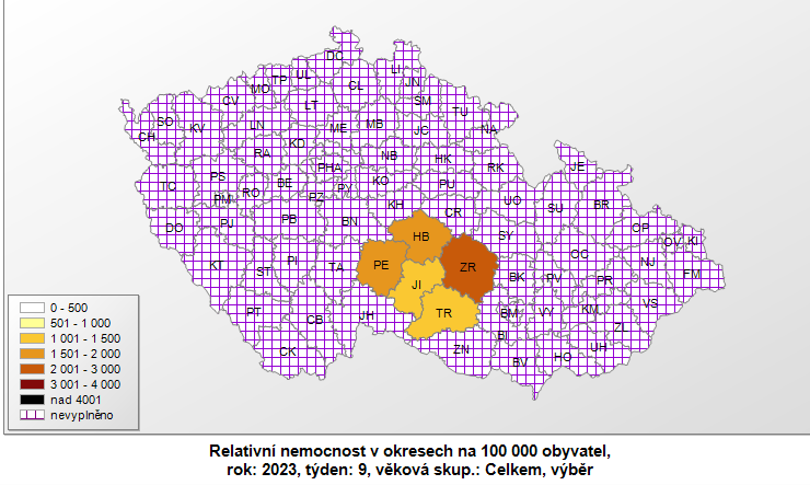 Mapa relativní nemocnost ARI na 100 tis. obyvatel okresy Kraje Vysočina 9. týden 2023