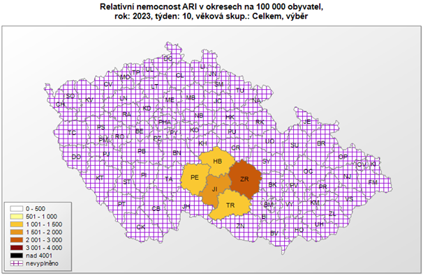 Mapa relativní nemocnost v Kraji Vysočina okresy, 10. týden 2023