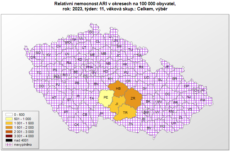 mapa hlášení počtu případů ARI  v okresech 11. týden 2023