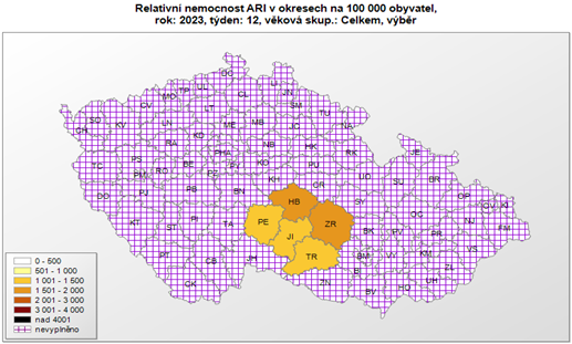 mapa relativní nemocnost ARI, okresy, Kraj Vysočina, 12. týden 2023