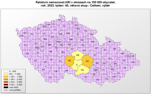 mapa - relativní nemocnost v okresech ARI 40. týden 2023