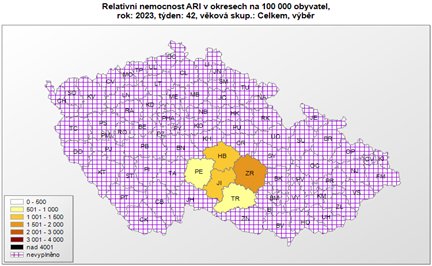 mapa - relativní nemocnost ARI v okresech 42. týden 2023