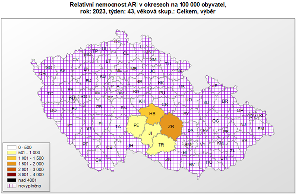 mapa - relativní nemocnost ARI  dle okresů 43. týden 2023