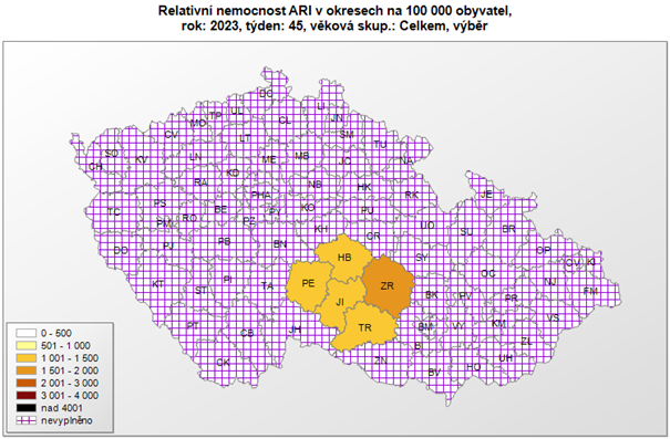 mapa - relativní nemocnost ARI dle okresů 45. týden 2023