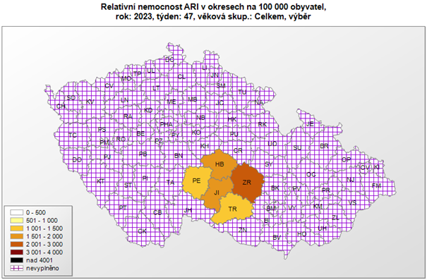 mapa - relativní nemocnost ARI dle okresů 47. týden 2023