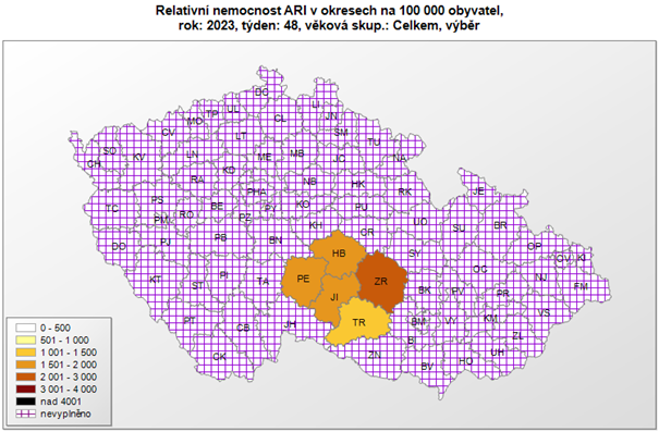 mapa - relativní nemocnost ARI dle okresů 48. týden 2023