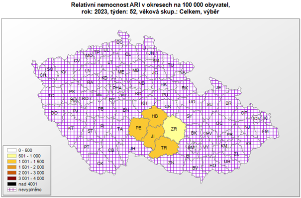 mapa- relativní nemocnost ARI dle okresů 52. týden 2023