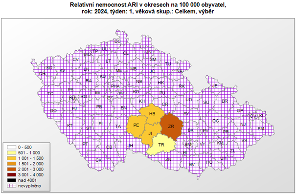 mapa - relativní nemocnost ARI dle okresů 1. týden 2024