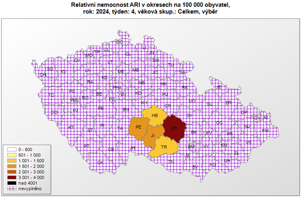 Mapa relativní nemocnost ARI okresy za 4. týden