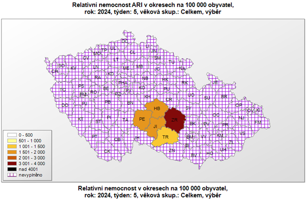 Mapa, realtivní nemocnost ARI, okresy Kraje Vysočina, za 5. týden