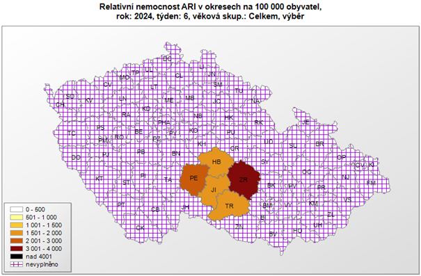 mapa relativní nemocnost akutních respiračních onemocnění okresy za 6. týden