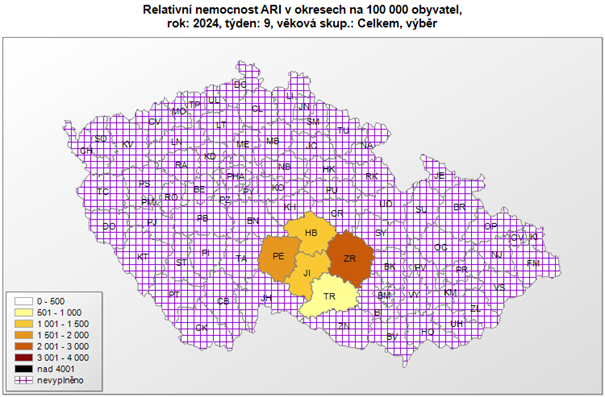 Mapa relativní nemocnost v Kraji Vysočina okresy, 9. týden