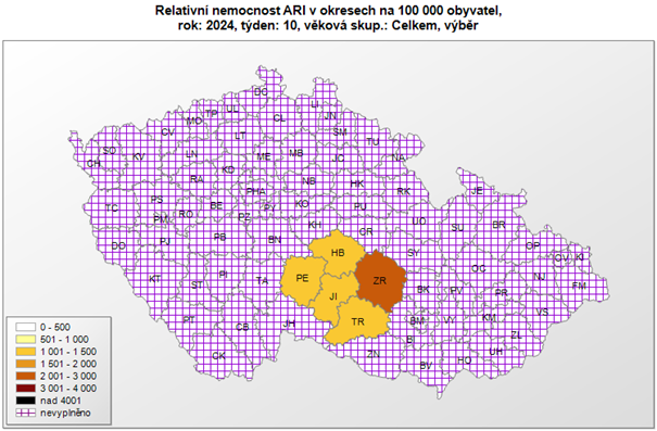 Mapa Relativní nemocnost akutních respiračních nemocí, okresy, za 10. týden