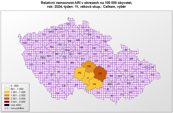 Mapa relativní nemocnosti akutních respiračních onemocnění 11. týden