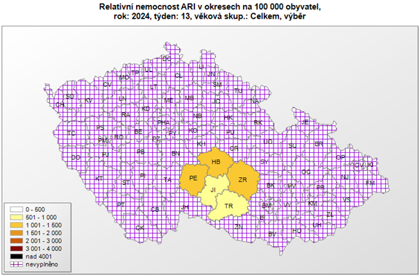 Mapa Relativní nemocnost ARI v Kraji Vysočina za 13. týden