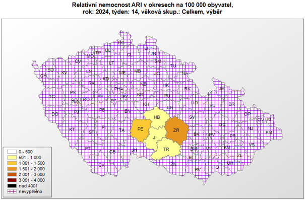 Mapa relativní nemocnost ARI dle okresů za 14. týden