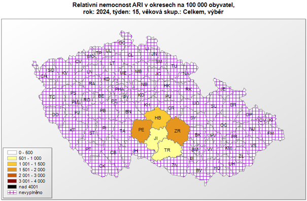 Mapa relativní nemocnost ARI za 15. týden