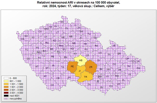 Mapa relativní nemocnost ARI okresy 17. týden