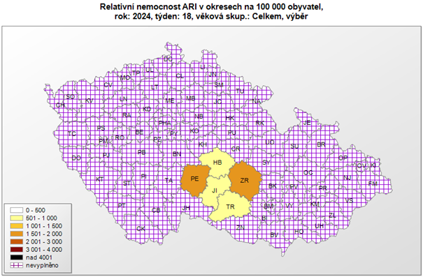 Mapa relativní nemocnost okresy za 18. týden