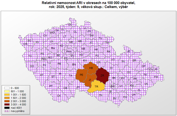 Mapa relativní nemocnost ARI okresy 9. týden 