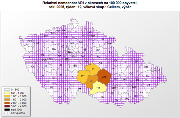 Mapa relativní nemocnost ARI okresy 12. týden 