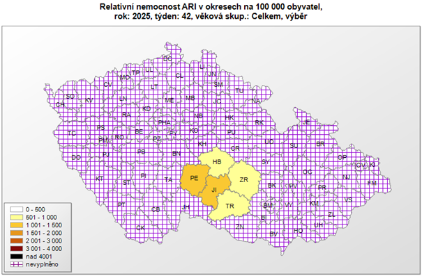 Mapa relativní nemocnost ARI okresy za 42. týden 2025