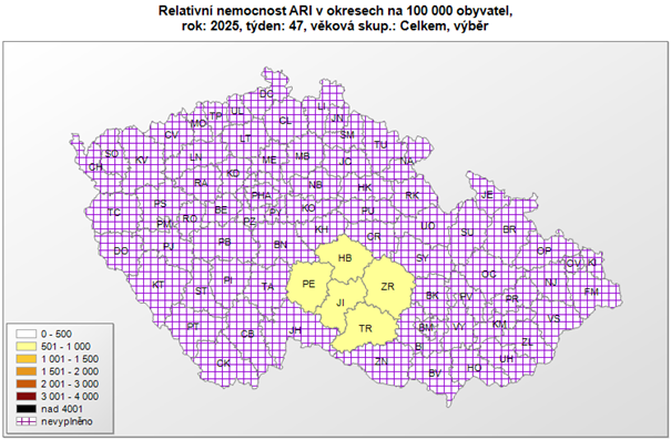 Mapa relativní nemocnost ARI v přepočtu na 100tis. obyvatel okresy