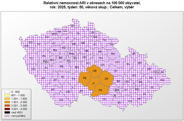 Relativní nemocnost ARI okresy 50. týden. 2025