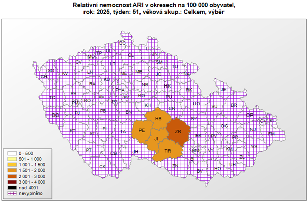 Relativní nemocnost ARI okresy 51. týden 2025