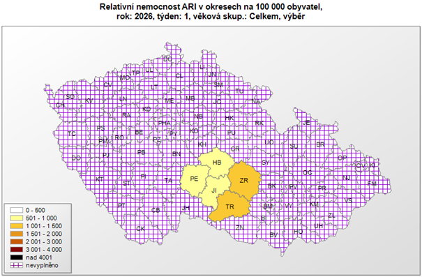 Relativní nemocnost ARI okresy za 1. týden 2026