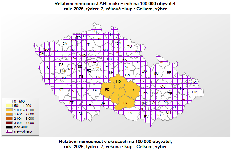 Relativní nemocnost ARI v okresech za 7. týden 2026