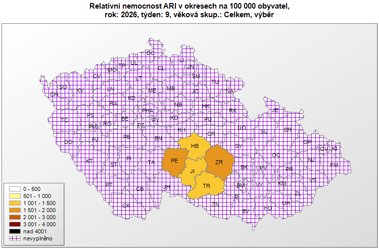 Mapa relativní nemocnost ARI okresy za 9. týden