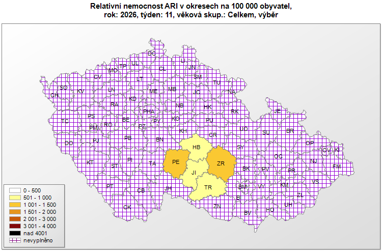 mapa relativní nemocnost ARI v okresech Kraje Vysočina 11. týden 2026