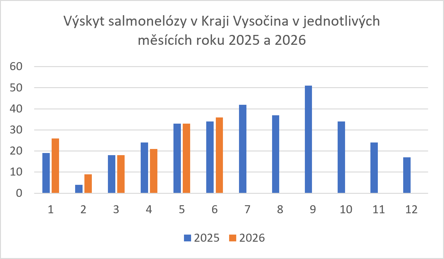 Graf počtu případů salmonelózy v měsicích let 2025-2026