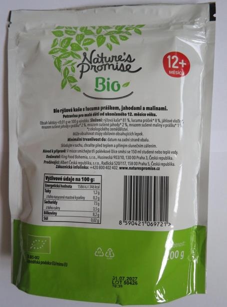 obrázek nebezpečná potravina Bio rýžová kaše Nature´s Promise