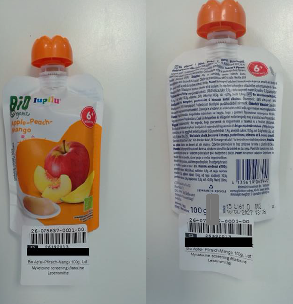 snímek nebezpečná potravina ovocné pyré Bio/Organic Apple-Peach-Mango, 6+ měsíců
